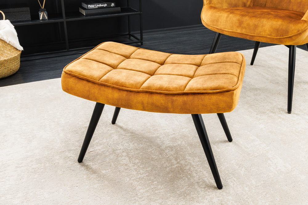 Moderner Hocker SCANDINAVIA senfgelb Samt schwarze Metallbeine Fußhocker
