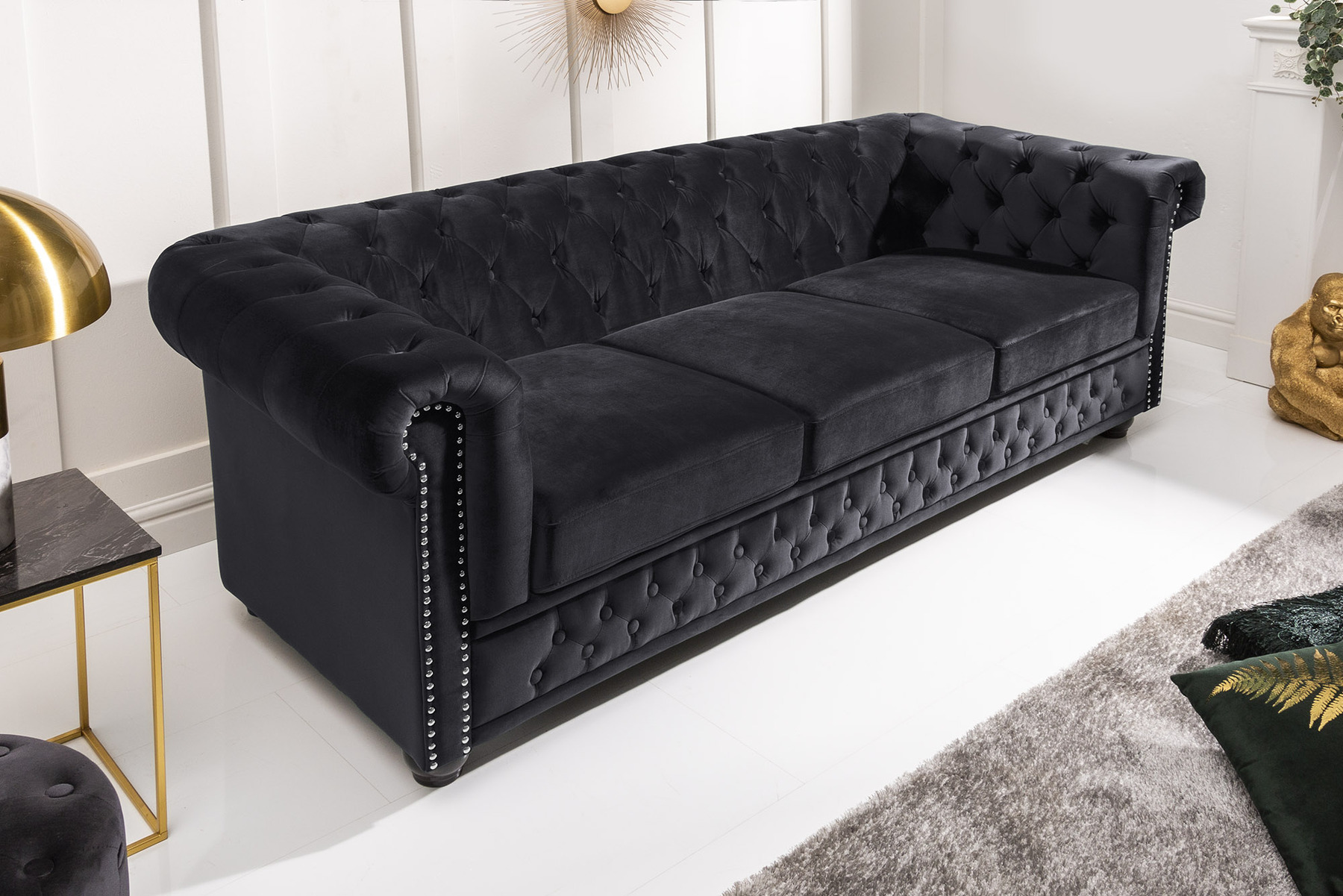 Barock Sofa CHESTERFIELD 205cm schwarz Samt Federkern Knopfheftung 3-Sitzer Couch