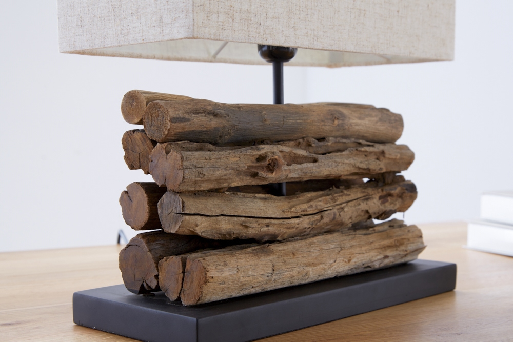 Handgefertigte Tischlampe PERIFERE 40cm beige Treibholz Leinenschirm