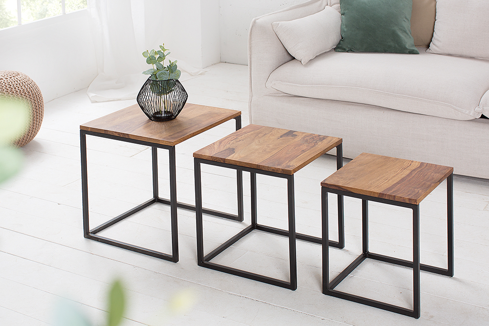 3er Set Beistelltisch ELEMENTS 40cm braun Sheesham Massivholz stone finish Metall