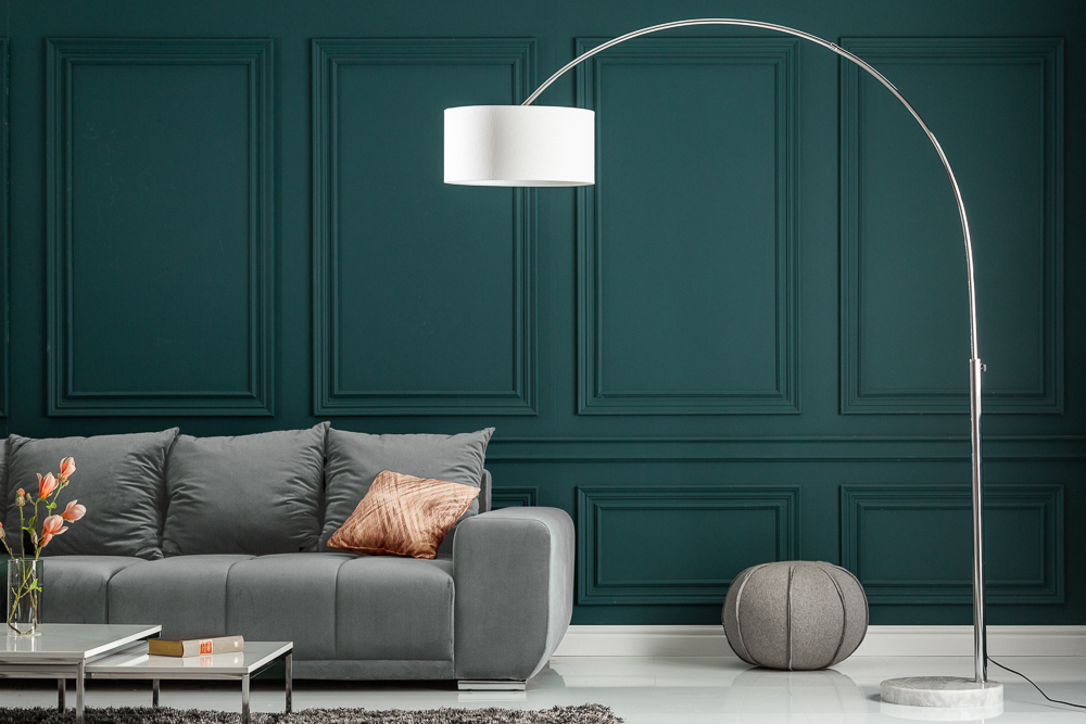 Ausziehbare Bogenlampe LOUNGE DEAL 170-200cm weiß Leinenschirm Stehlampe