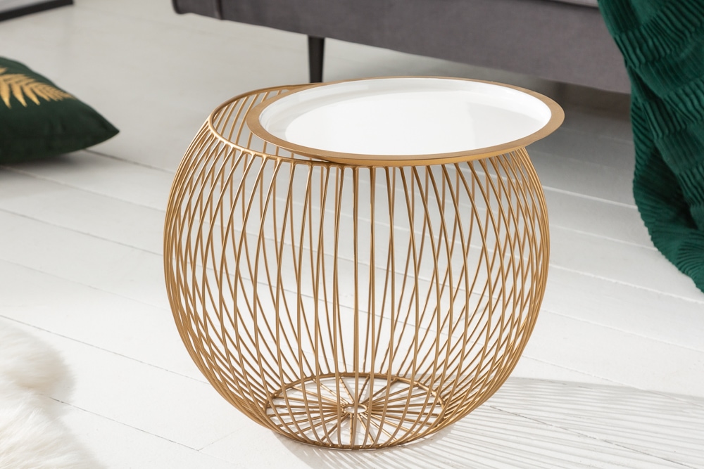 Runder Couchtisch STORAGE 40cm gold weiß Metall Tablett Beistelltisch mit Stauraum handmade
