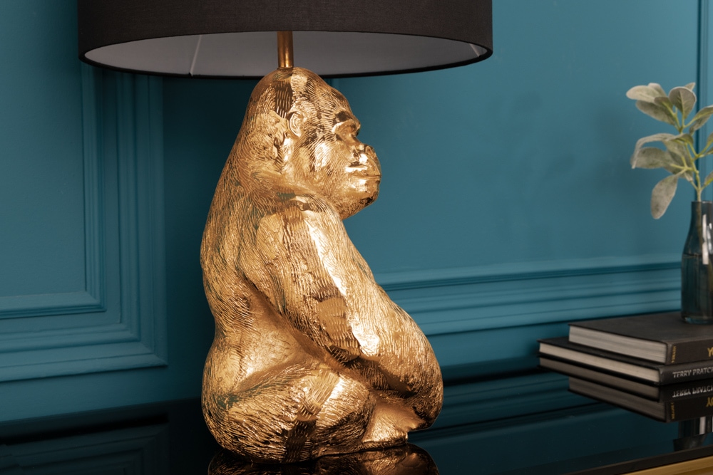 Design Tischlampe KONG 60cm gold Metall Affenlampe schwarzer Lampenschirm
