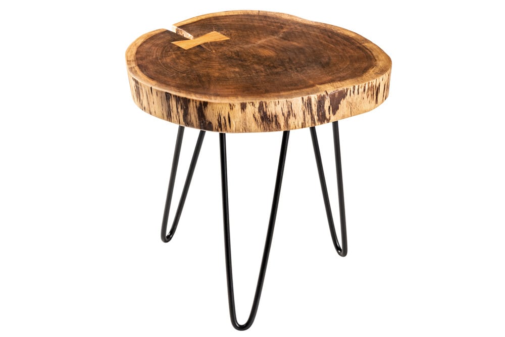 Industrial Beistelltisch GOA 40cm natur Akazie Massivholz Baumstamm rund Hairpin Legs