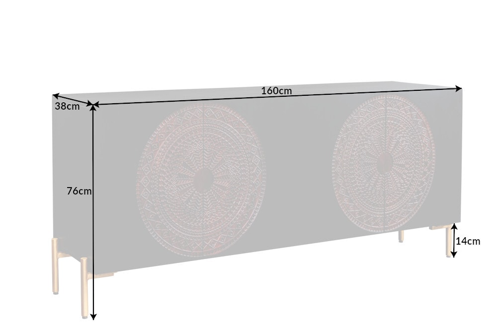 Massives Sideboard MANDALA 160cm Mangoholz schwarz mit 3D Schnitzereien goldene Füße