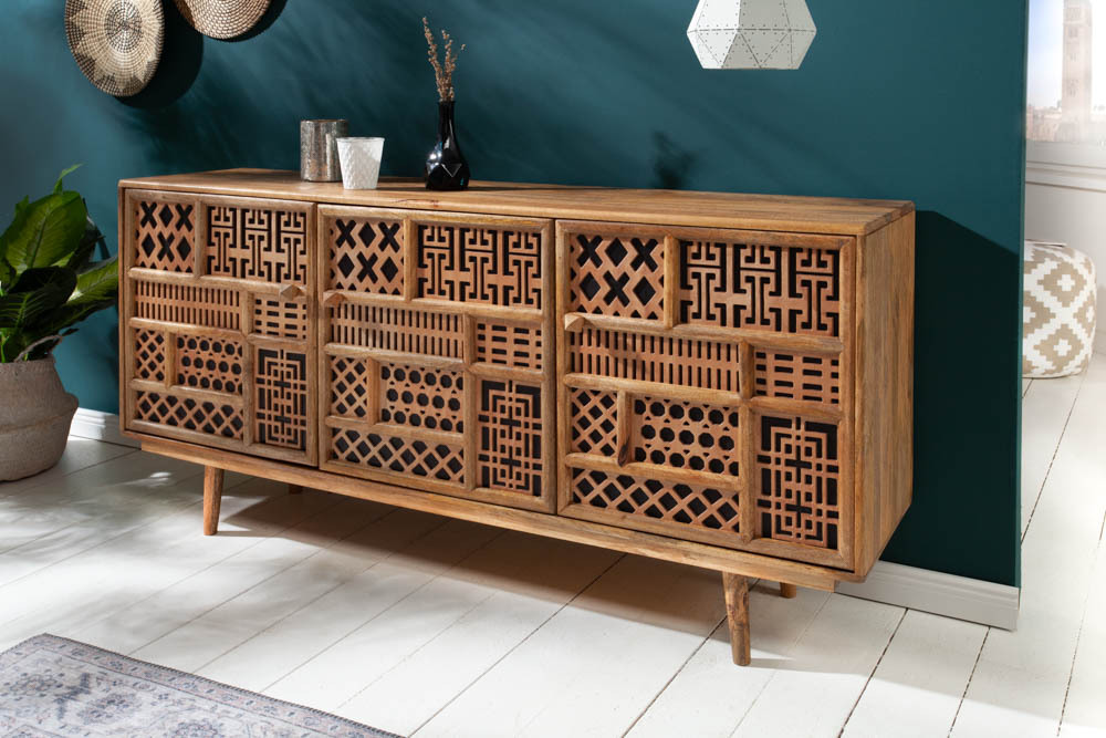 Massives Sideboard MARRAKESCH 160cm Mangoholz mit Verzierung Boho Stil