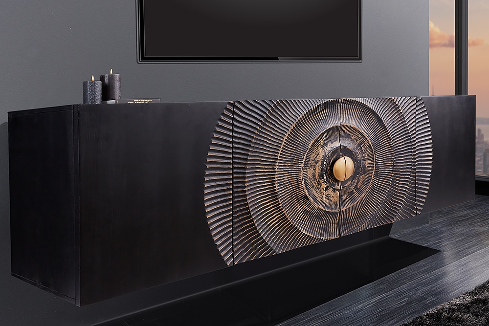 Hängendes Sideboard GOLDEN SUNSET 180cm schwarz mit 3D Schnitzereien gold massiv Mangoholz handmade