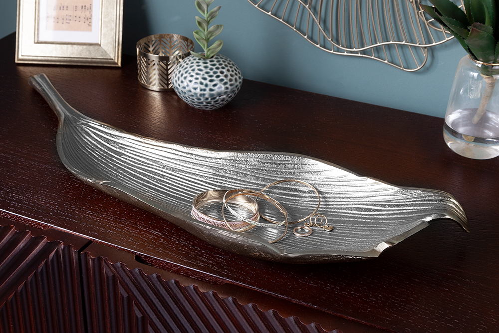Handgefertigte Deko Schale ABSTRACT LEAF 65cm silber Aluminium