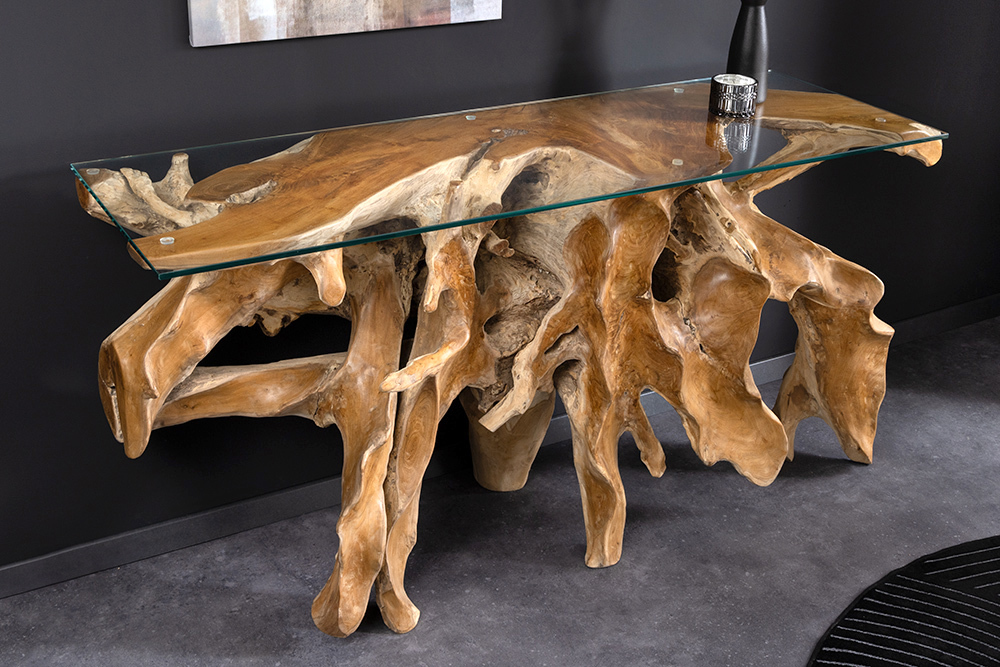 Massiver Konsolentisch ROOT 150cm natur Teak Massivholz aus Wurzelholz Glasplatte