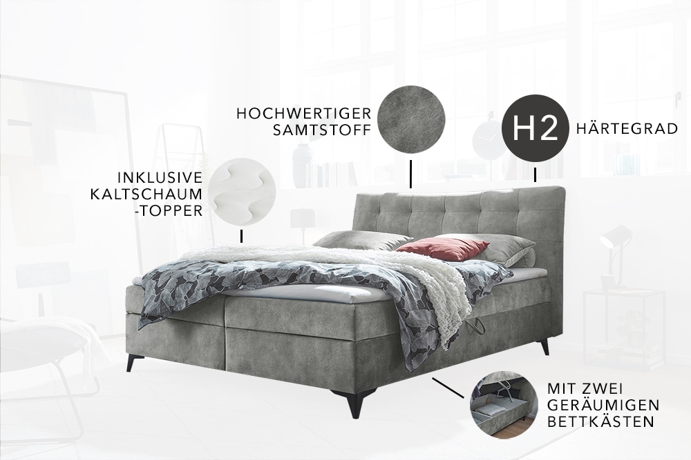 Design Boxbett DECADENCIA 180x200cm silbergrau Samt mit Stauraum Matratze Topper