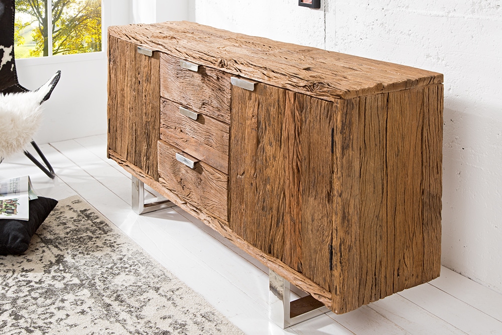 Massivholz Sideboard BARRACUDA 160cm Teak antik Kommode mit Schubladen Stahl Kufenfüßen