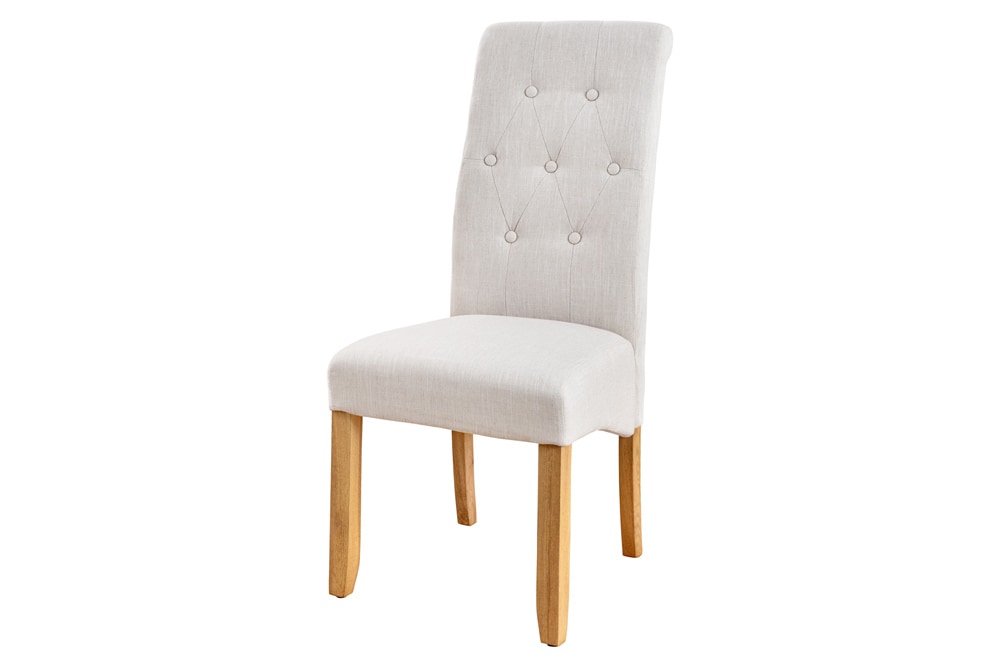 Design Stuhl CASA beige Leinen Massivholzbeine mit Zierknöpfen und Nackenrolle