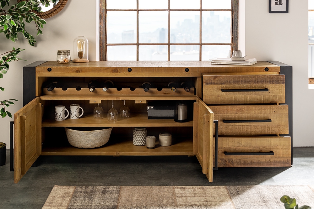 Massivholz Sideboard THOR 195cm braun Pinie mit Schubladen Weinregal Industrial Design