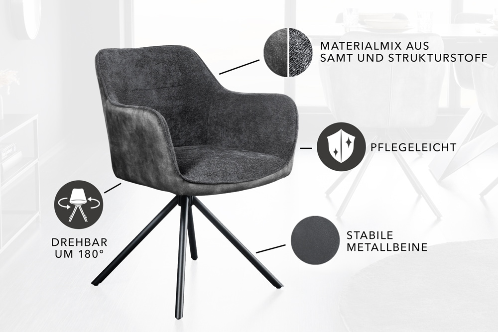 Drehbarer Stuhl VERONA dunkelgrau Samt Strukturstoff mit Armlehne Metallbeine schwarz