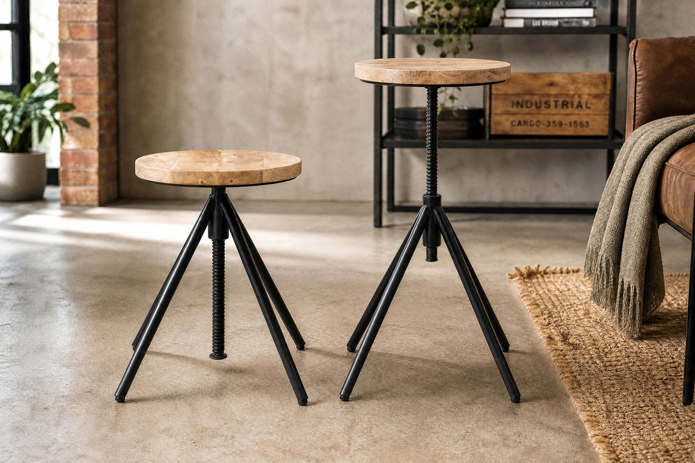 Höhenverstellbarer Hocker FACTORY 60cm natur Mangoholz Metall Sitzhocker