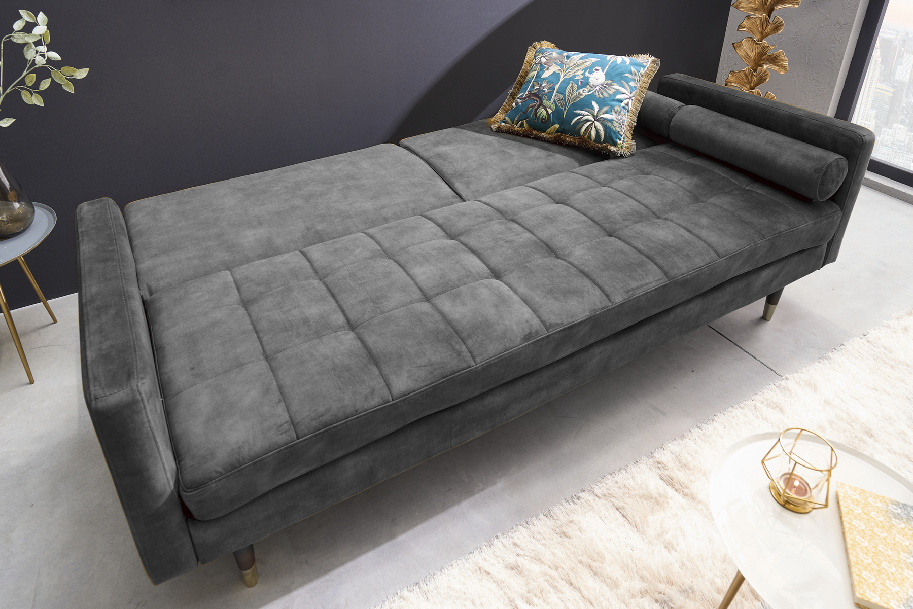 Modernes Schlafsofa COUTURE 200cm grau Microvelours 3-Sitzer Couch mit Schlaffunktion