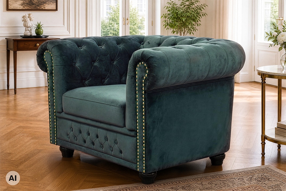 Barocker Sessel CHESTERFIELD petrol Samt Federkern goldene Nieten mit Knopfheftung