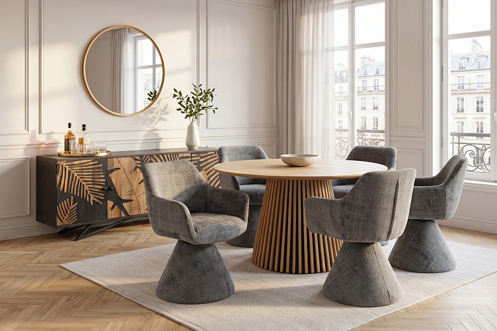 Drehbarer Stuhl AMBIENTO grau Bouclé 180° mit Auto-Return Polsterstuhl