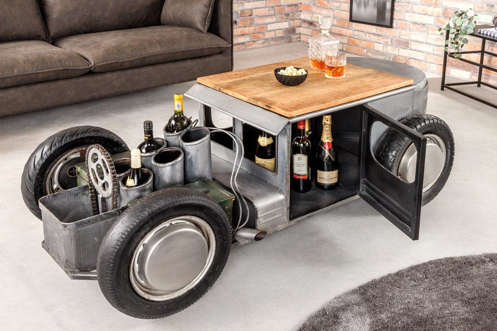 Oldtimer Couchtisch HOT ROD 160cm Stahl Mangoholz mit Stauraum Flaschenhalter massiv » Jetzt kaufen