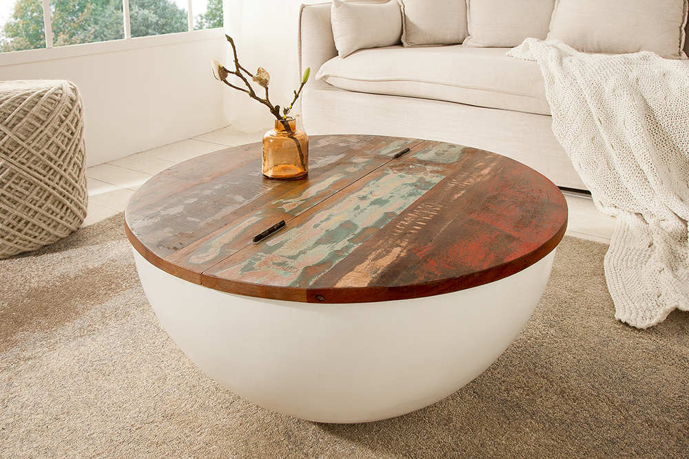 Design Couchtisch JAKARTA 70cm weiß Massivholz rund aus recycelten Fischerbooten mit Stauraum