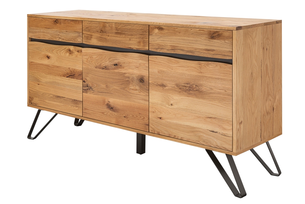 Massivholz Sideboard LIVING EDGE 160cm Wildeiche Metall schwarz Baumkante mit Schubladen
