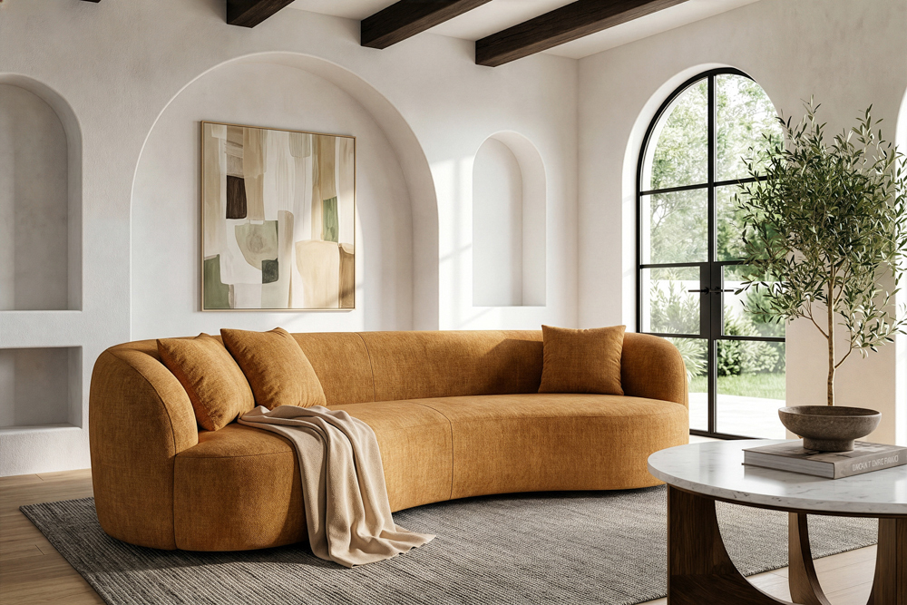 Organisches Sofa ATELIER 230cm senfgelb Samt 3-Sitzer Couch inkl. Kissen