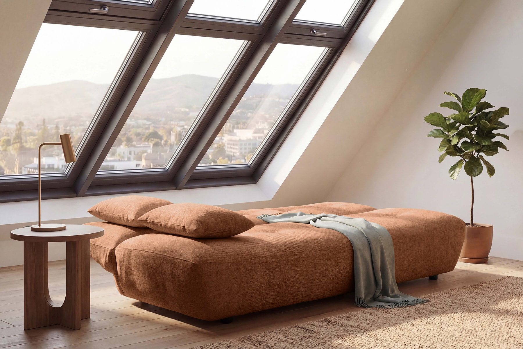Modernes Schlafsofa ELYPSE 200cm rostbraun Chenillestoff 3-Sitzer Couch inkl. Kissen