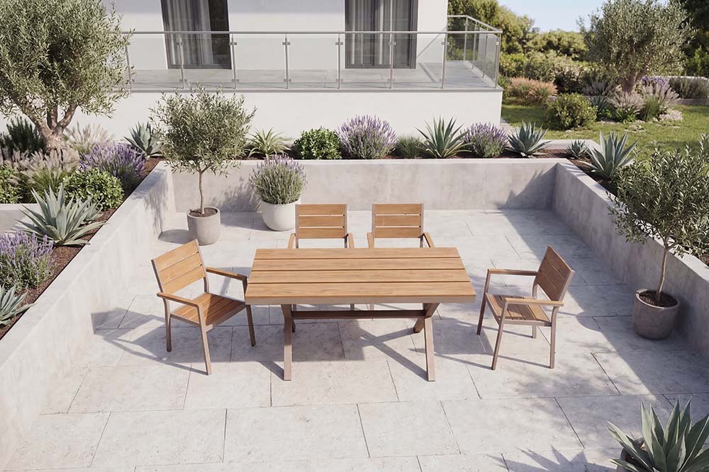 Moderner Gartentisch DESIGNO 150cm natur greige Aluminium wetterfest X-Gestell
