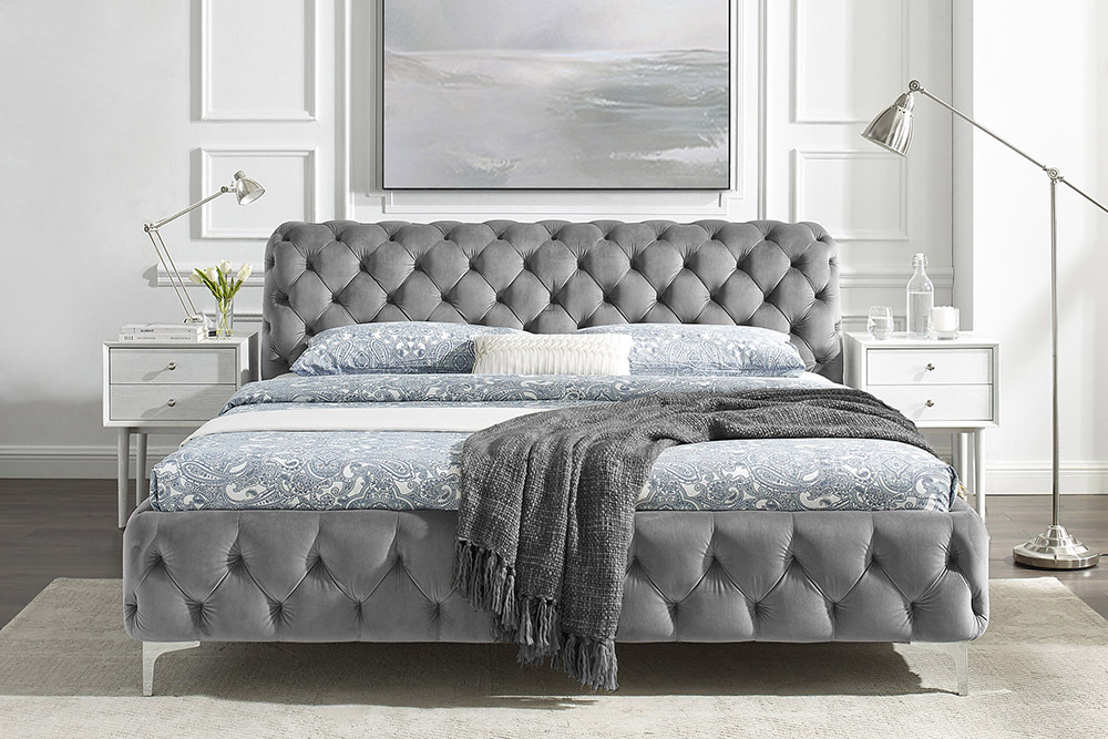 Doppelbett MODERN BAROCK 180x200cm grau Samt Chesterfield Design