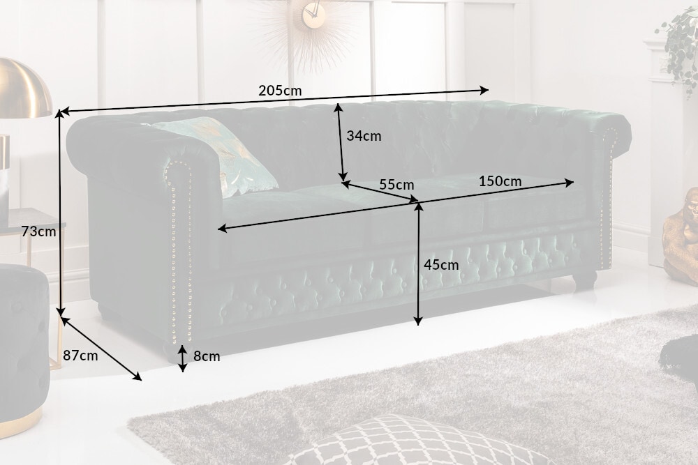 Chesterfield 3-Sitzer Sofa 205cm flaschengrün Samt Federkern Knopfheftung