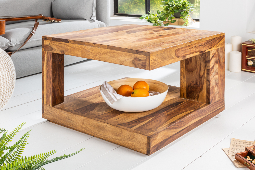Design Couchtisch GIANT 60cm braun Sheesham Massivholz stone finish mit Ablage
