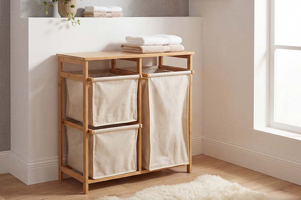 Massivholz Wäschekorb LAGOON SPA 70cm natur beige Bambus drei Wäschebeutel waschbar