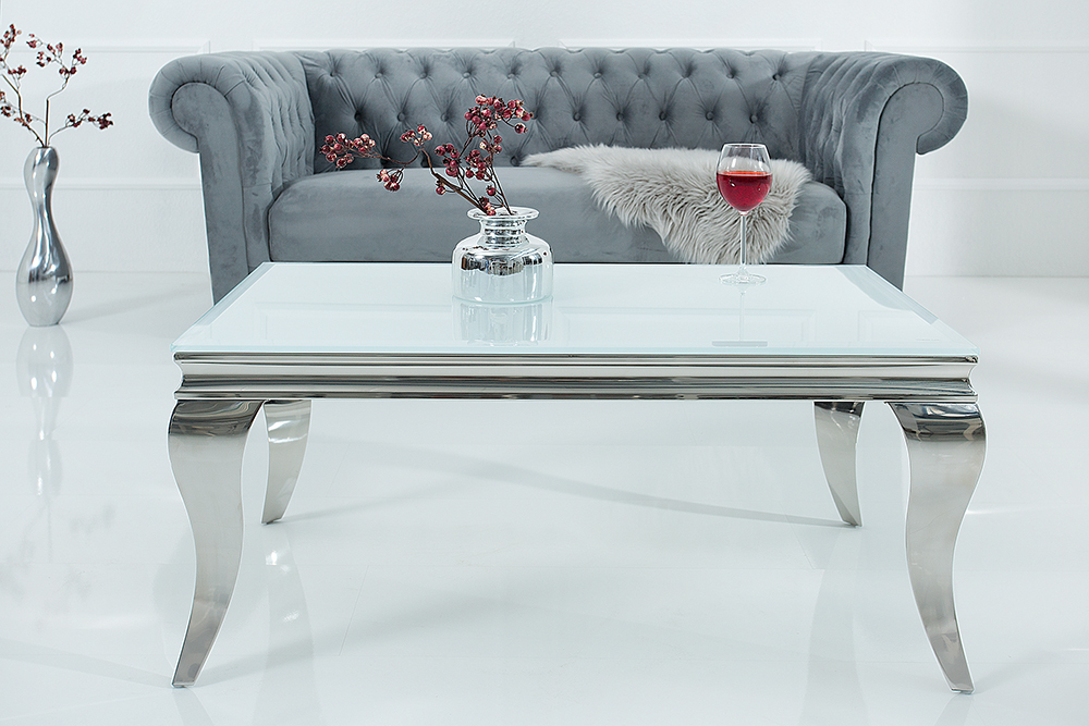 Eleganter Couchtisch MODERN BAROCK 100cm silber mit weißem Opalglas
