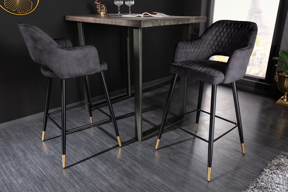 Design Barhocker PARIS grau Samt mit Lehne Metall schwarz gold Ziersteppung Design Barhocker PARIS grau Samt mit Lehne Metall schwarz gold Ziersteppung