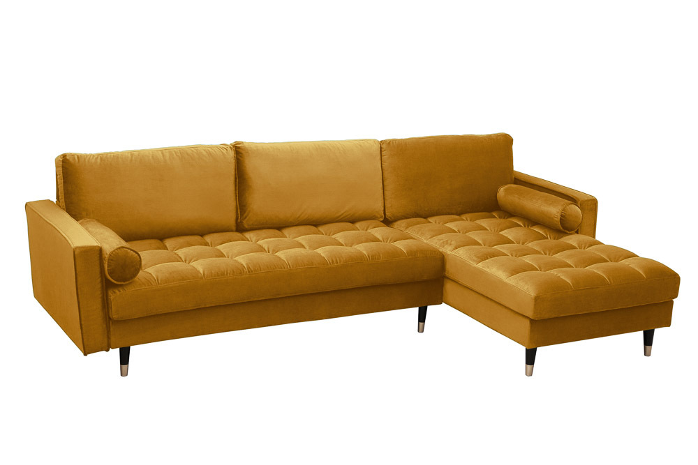 Elegantes Ecksofa COZY VELVET 260cm senfgelb Samt Federkern 3-Sitzer
