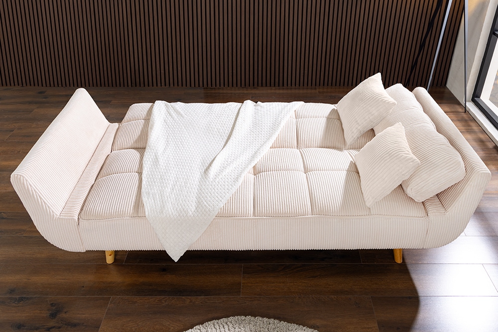 Schlafsofa BOUTIQUE 215cm beige Cord 3-Sitzer mit Holz-Füßen natur