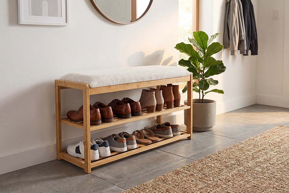 Stilvolle Schuhbank ZEN-BO 80cm natur beige Bambus Regal Sitzbank mit Stauraum