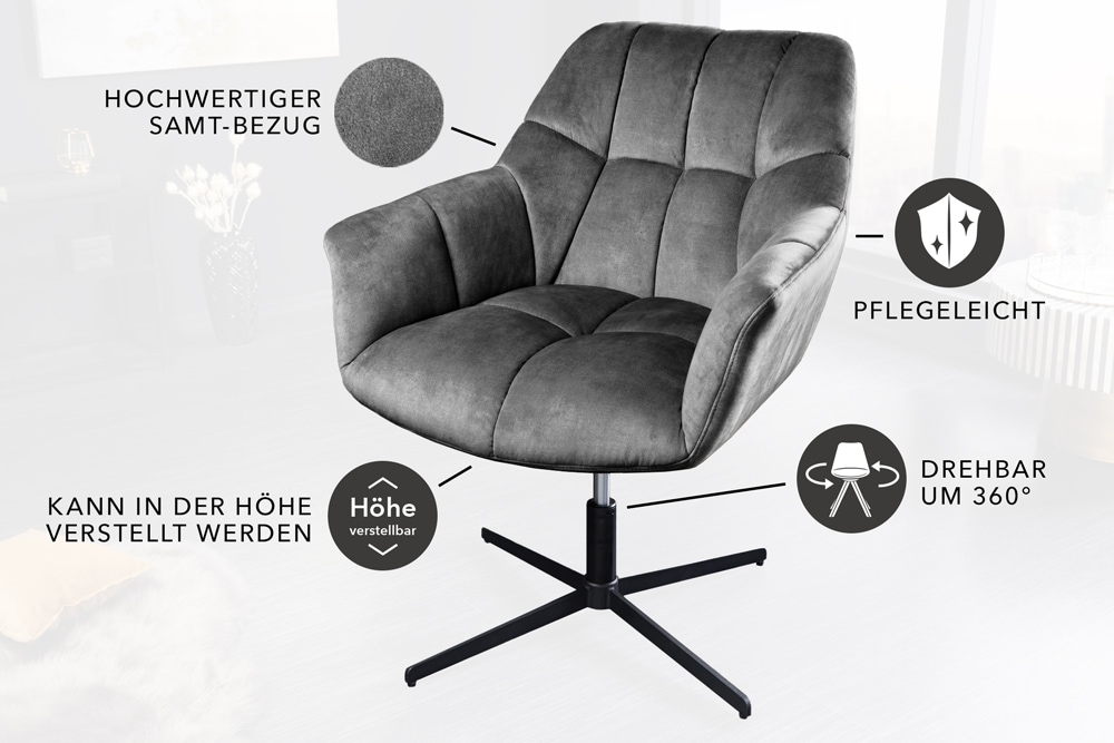 Drehbarer Sessel PAPILLON grau Samt schwarz Metall höhenverstellbar mit Armlehne