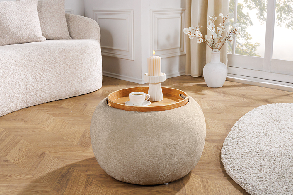 Runder Couchtisch ORBIT 50cm champagner-greige Bouclé Hocker mit Tablett und Stauraum