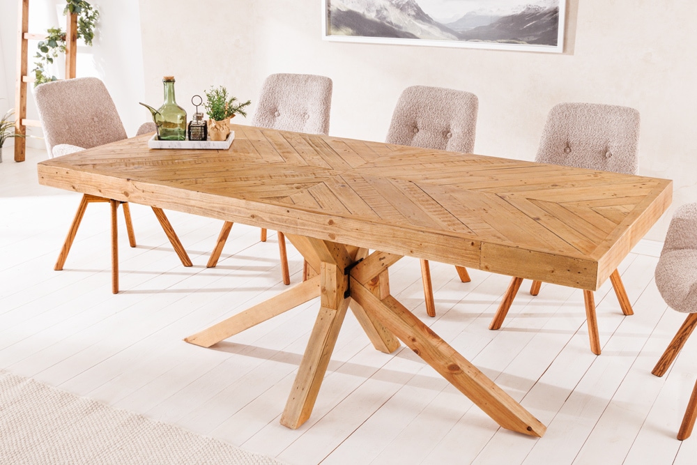 Massivholz Esstisch MOSAIK 200cm natur Pinienholz recycelt Sterngestell
