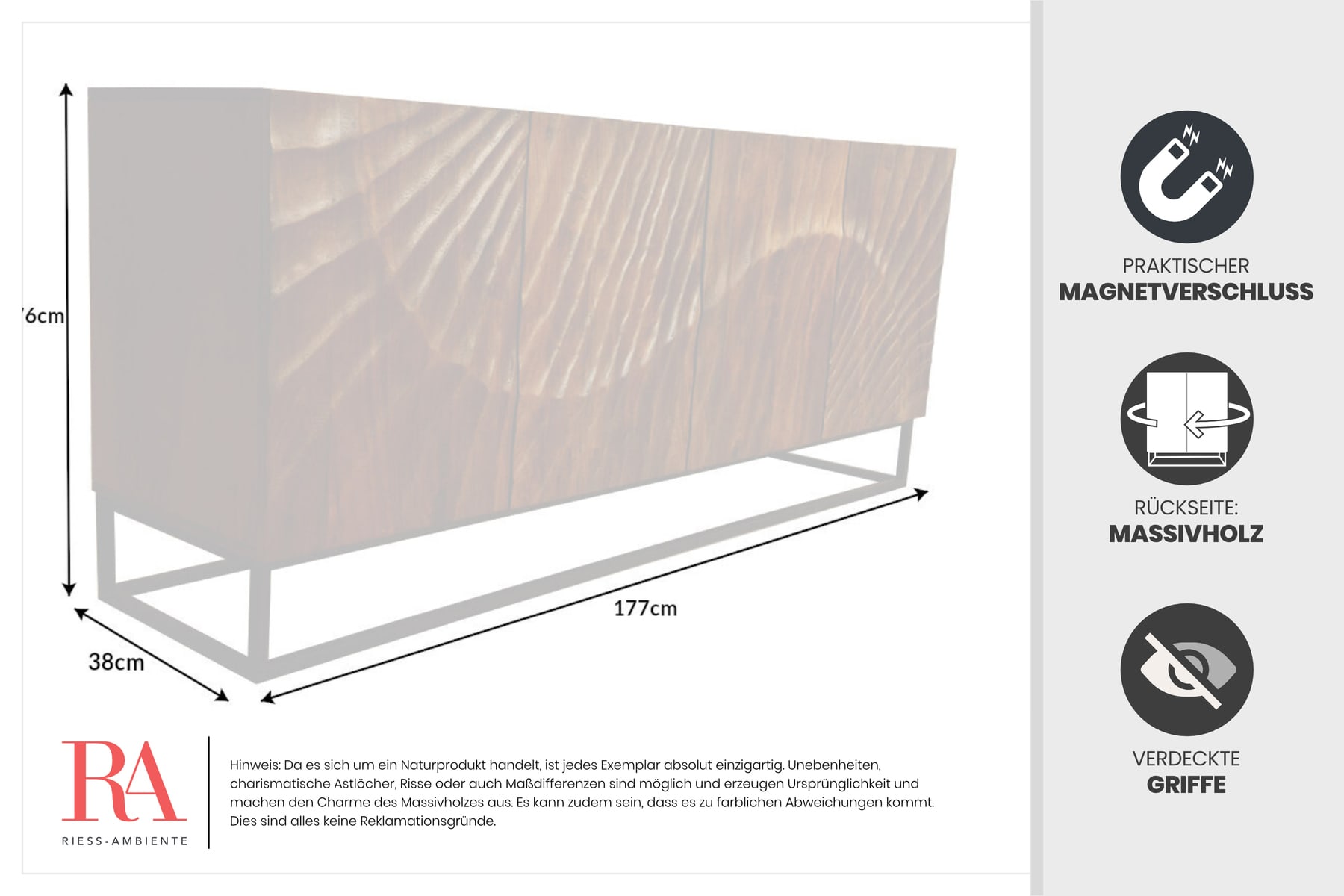 Massives Sideboard SCORPION 180cm braun Mangoholz aufwendige 3D Schnitzereien