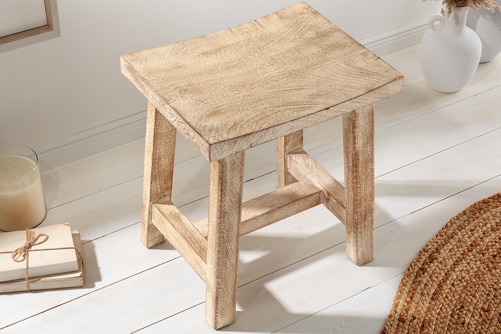 Massiver Hocker FINCA 45cm beige Mangoholz Handarbeit Boho Shabby Chic