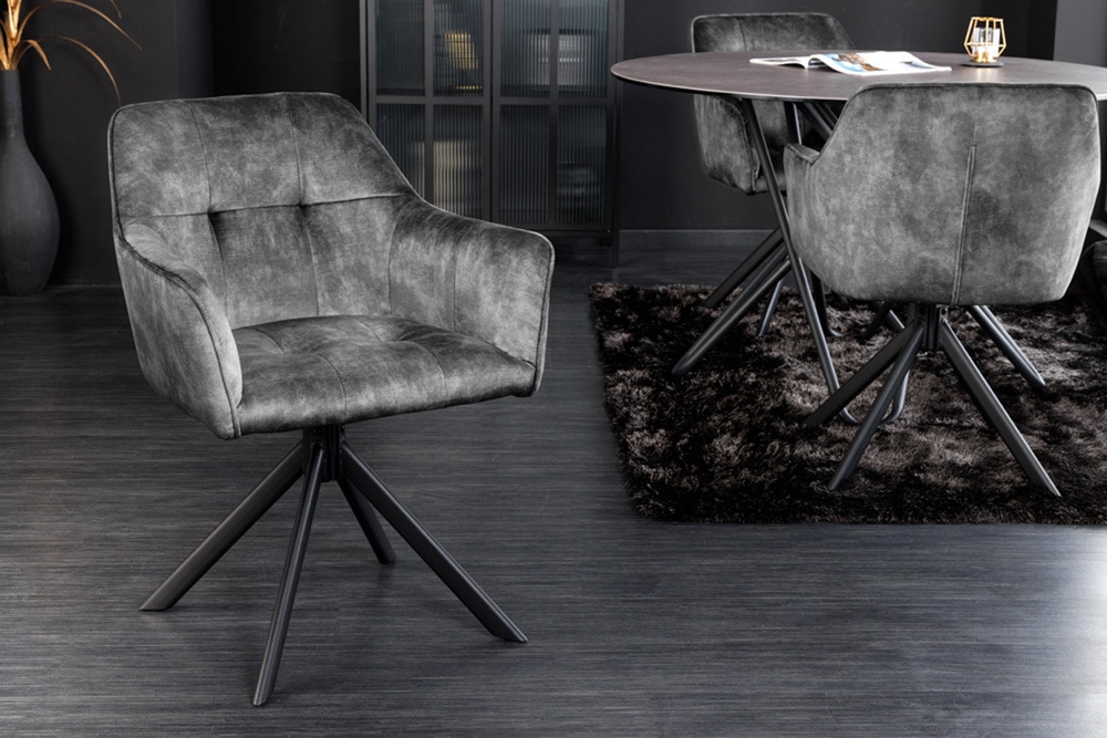 Design Stuhl LOFT dunkelgrau Samt drehbar Metallgestell schwarz mit Armlehne