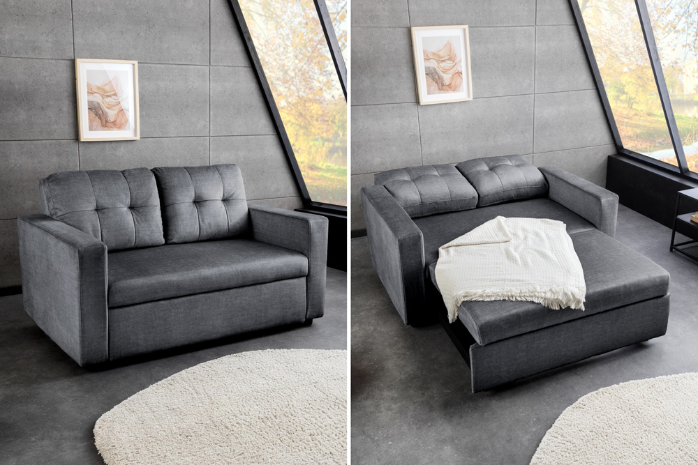 Sofa mit Schlaffunktion SMART 140cm grau hochwertiger Vogue Seiden Samtstoff