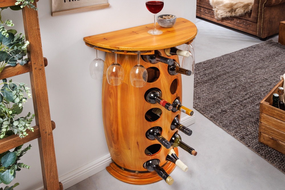 Massives Weinregal BODEGA 84cm natur Pinienholz Weinfass Barschrank für 14 Flaschen