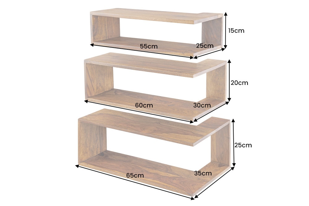 Massives 3er Set Wandregale SURREAL 65cm braun stone finish Außenecke Sheesham