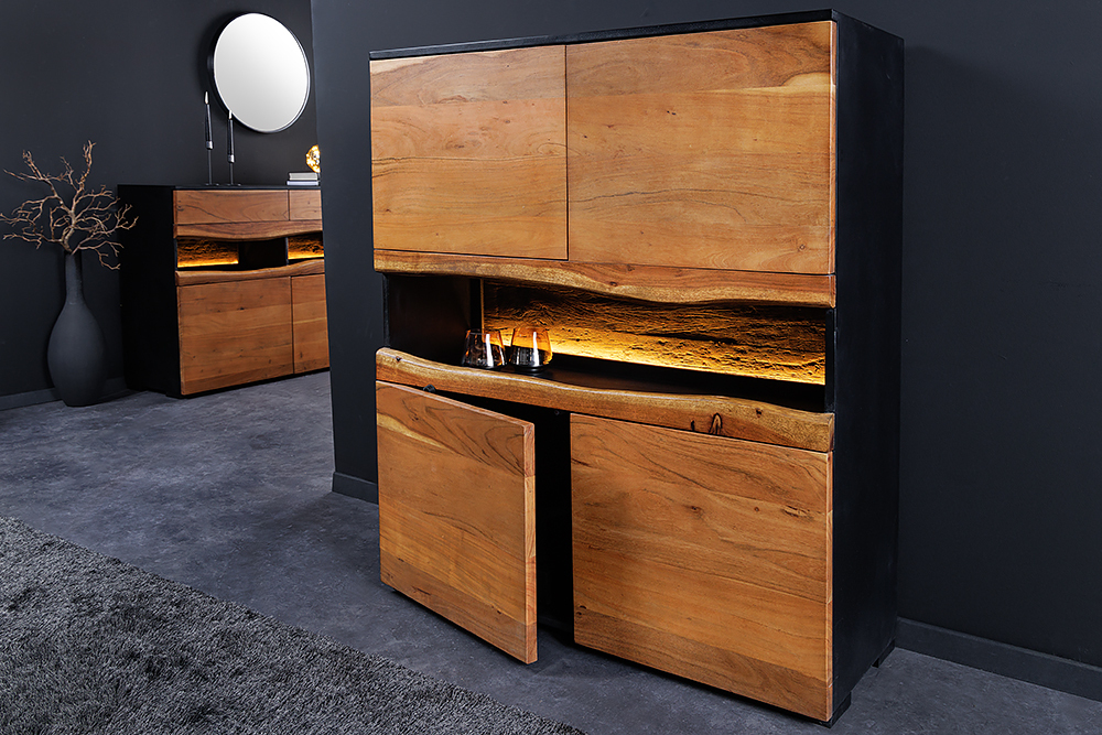 Massivholz Highboard GRAND ACACIA 120cm braun Akazie mit LED-Beleuchtung Baumkante