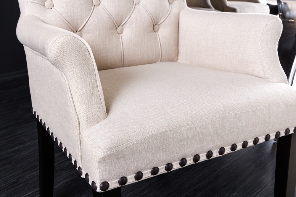 Design Stuhl CASTLE beige schwarz Strukturstoff Armlehnen Holzfüße