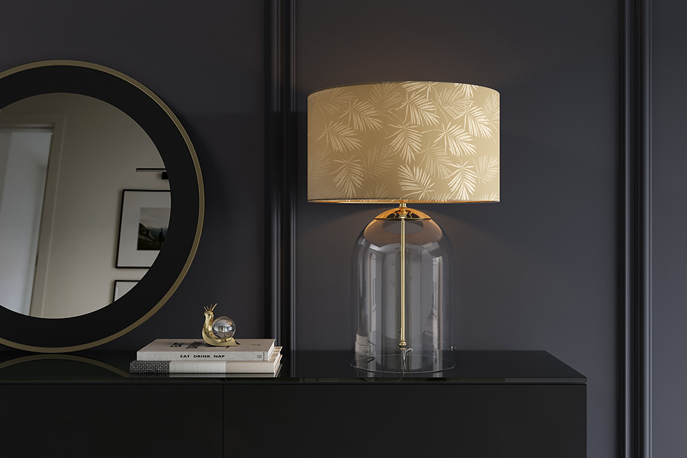 Moderne Tischlampe CLASSICO 60cm transparent Glas weiß gold Leinenschirm