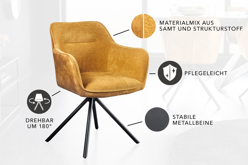 Drehbarer Stuhl VERONA senfgelb Samt Strukturstoff mit Armlehne Metallbeine schwarz